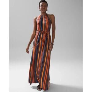 White House Black Market Aline Slinky Halter Maxi Dress Sz 8 Retro Stripe NWT